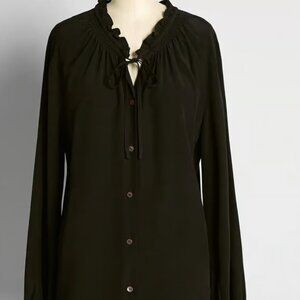 ModCloth Tie Neck Black Peasant Blouse
